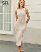 SINGREINY Hollow Out Beach Maxi Dress Summer Women Sleeveless Solid Knitted Stretchy Bohemian Striped Slit Bodycon Long Dress