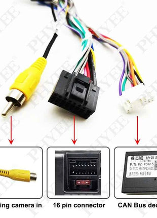 Kit di montaggio telaio pannello radio Android da 9" con decodificatore CAN Bus da 16 pin a cablaggio Quadlock per Peugeot 3008 2009-2015