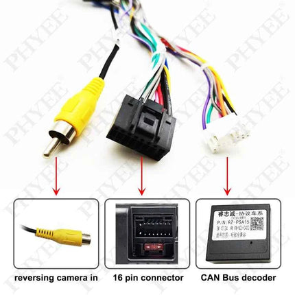 Kit di montaggio telaio pannello radio Android da 9" con decodificatore CAN Bus da 16 pin a cablaggio Quadlock per Peugeot 3008 2009-2015