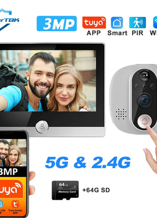 Videocitofono WiFi Smart Life Tuya 3MP 1080P con Telecamera Spioncino, Batteria 5000mAh, Rilevatore di Movimento PIR, Visione Notturna IR, Visore Digitale per Porta 5G 2.4G