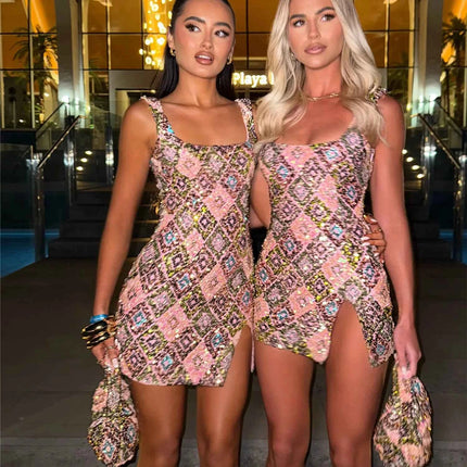 Colorful Diamond Pattern Sequin Slit Sexy Dress Women Elegant Party Club Dress Backless Mini Summer Dress Luxury Vestidos