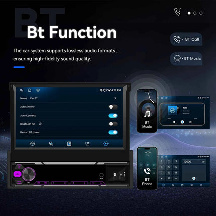 Podofo 6+128G Retractable Screen 1 Din Android Car Multimedia Player Carplay  GPS Navigation WIFI Bluetooth FM AM Mirror Link