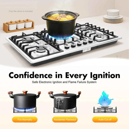 5 Burner Gas Stove Stainless Steel Gas Cooktop 1-3.3KW Gas Stove Electronic Pulse Ignition Built-in Gas Hob 2000Pa Gas Cooktop