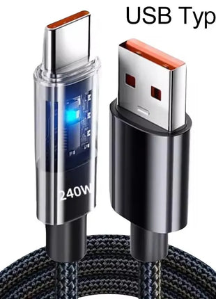 Cavo in nylon da 240 W Cavo di ricarica super veloce USB tipo C per Samsung Xiaomi Huawei Honor Display digitale a LED Cavo dati per caricabatterie rapido