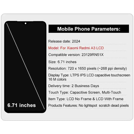 Scelta Test al 100% per Xiaomi RedmiA3 LCD 23129RN51X Display Touch Screen Digitizer Assembly per Redmi A3 DisplayParti di ricambio