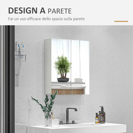 Kleankin Bathroom Mirror Bathroom Container with 2 Ante Soft Close, 60x15x60 cm Bathroom Cabinet with Mirror, Adjustable Shelves, Furniture Bathroom Floor-saving Glass Wall, Polished White