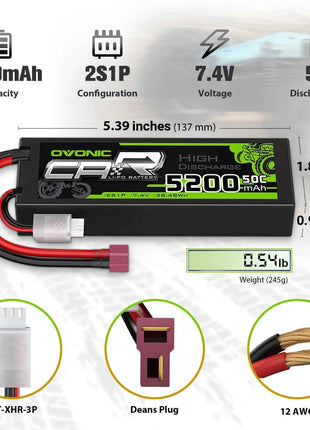 Ovonic 2S LiPo Battery 5200mAh 50C 7.4V Hard Case with Deans Plug for 1/10 &1/8 RC cars RC Monster Truck（2Packs）