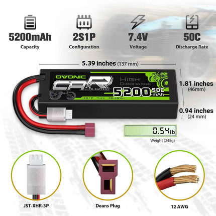 Ovonic 2S LiPo Battery 5200mAh 50C 7.4V Hard Case with Deans Plug for 1/10 &1/8 RC cars RC Monster Truck（2Packs）