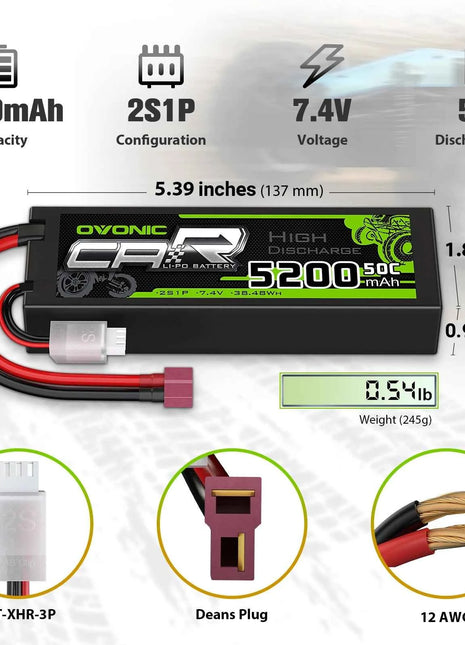 Ovonic 2S LiPo Battery 5200mAh 50C 7.4V Hard Case with Deans Plug for 1/10 &1/8 RC cars RC Monster Truck（2Packs）