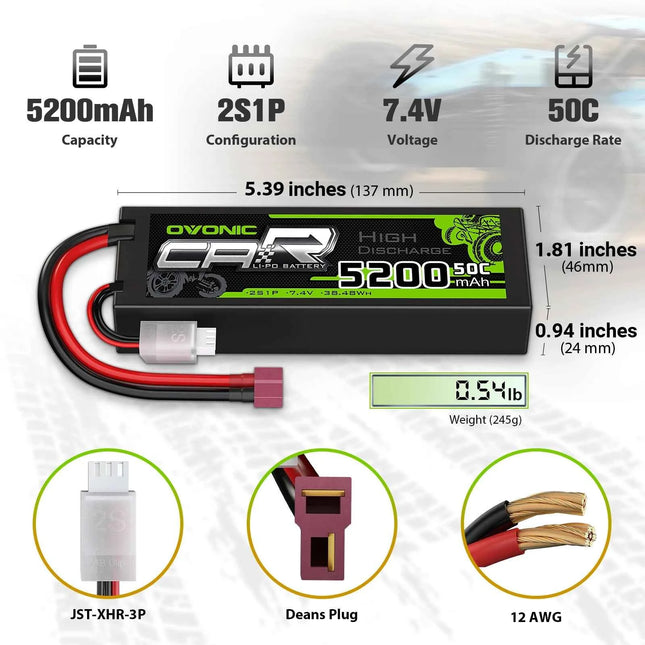 Ovonic 2S LiPo Battery 5200mAh 50C 7.4V Hard Case with Deans Plug for 1/10 &1/8 RC cars RC Monster Truck（2Packs）