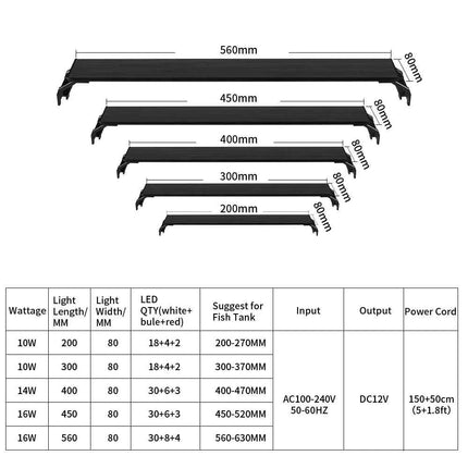 Full Spectrum Planted Aquarium LED Lighting 20-63cm 110V-240V External Controller, With Extendable Brackets, Fish Tank Light