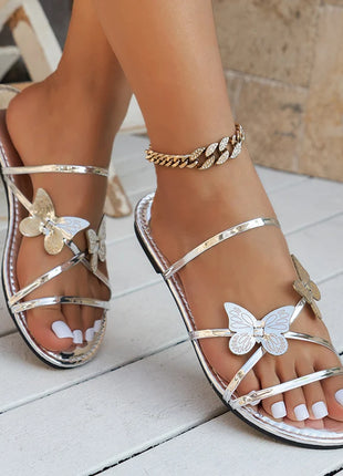 Women's Slippers with Butterfly Design Summer Chic Rose Gold Metal Band Slides Ladies Casual Outdoor Flat Beach Sandal Shoes Plus Size