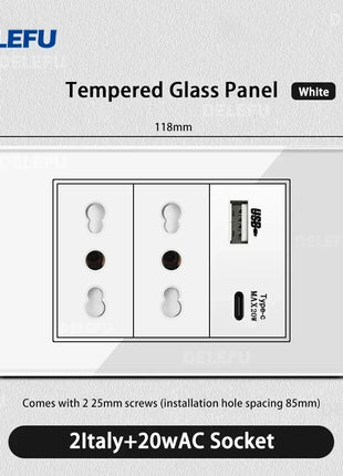 DELEFU Vetro temperato bianco Italia USB TypeC Presa a muro a ricarica rapida Schuko Tuya Wifi Smart Switch Sat TV Tel Campanello Cile