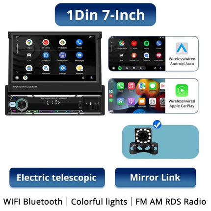 1Din Car Radio 7Inch Automatic Retractable Touch Screen Wireless Carplay Android auto MP5 Multimedia Player Bluetooth FM RDS AUX