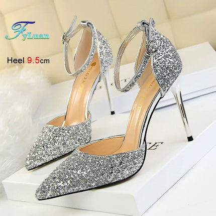 Sandali da Donna con Paillettes 2025, 9.5cm 7.5cm, Fibbia alla Caviglia, Tacco a Spillo per Matrimonio, Nuove Scarpe Classiche con Tacco Alto, Taglie 34-40