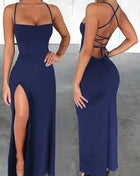Women's slim-fit long dress, sexy, with a high slit, criss-cross straps, and a lace-up back design