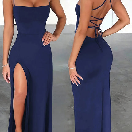 Abito lungo da donna slim fit, sexy, con spacco alto, spalline incrociate e design con laccetti sul retro