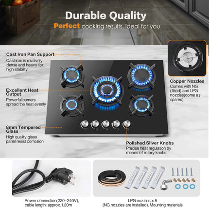 5 Burners 70 cm Glass with Automatic Flame Protection, Natural Gas Propane Gas, Built-in Gas Hob