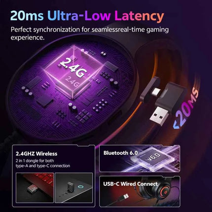 QCY Heroad V200 Over Ear Headphones Bluetooth 6.0 Wireless Earphones 50mm Driver 7.1 Surround Sound RGB Gaming Headset with Mic
