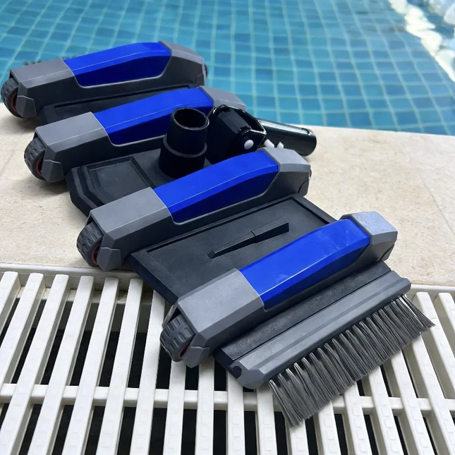 Testa per aspiratore piscina professionale rinforzata con ruote e manico in alluminio, testa flessibile pesata per aspirazione professionale