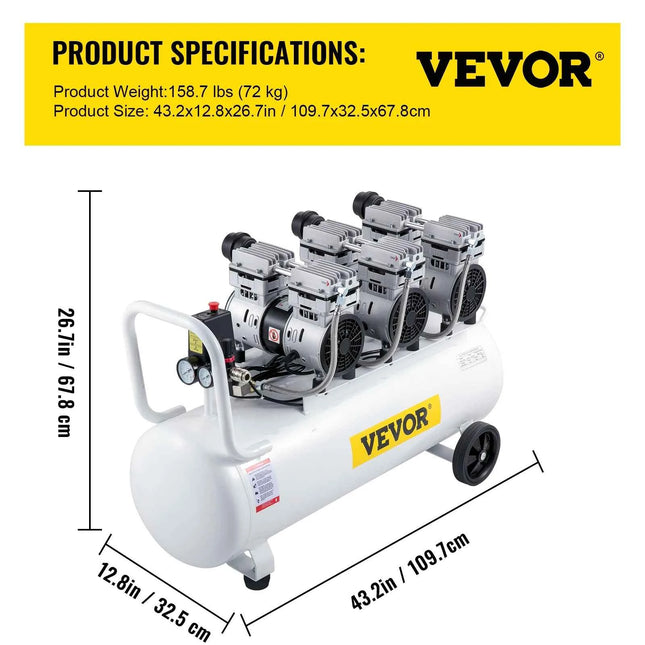 VEVOR 100L Air Compressor With Twin Pressure Gauge Safe Solenoid Valve 3HP 22 Gallon Ultra Quiet Silent Oil-free Air Compressor