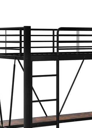KOMHTOM High Bed 90x200cm Iron frame with desk LED bar USB + TYPE-C socket 4 drawers