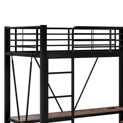 KOMHTOM High Bed 90x200cm Iron frame with desk LED bar USB + TYPE-C socket 4 drawers