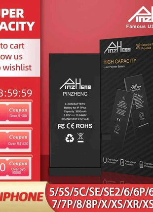 PINZHENG Real High Capacity Battery For iPhone 5S SE 6 6S 7 8 Plus X Xr Xs Max Phone Replacement Bateria Warranty One Year