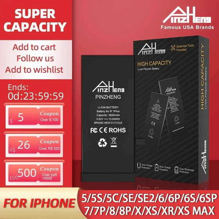 PINZHENG Real High Capacity Battery For iPhone 5S SE 6 6S 7 8 Plus X Xr Xs Max Phone Replacement Bateria Warranty One Year