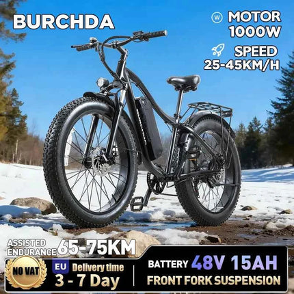 BURCHDA RX02 1000W 45KM/H 26 Inch Mountain Electric Bicycle 48V15AH Lithium Battery Fatbike Electric Bike For Adults Motorcycle