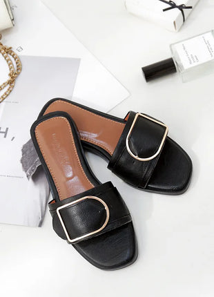 Pantofole piatte da donna estate in pelle punta quadrata donna appartamenti infradito Designer signore diapositive sandali scarpe da donna sandali di lusso