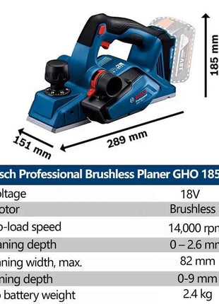 Bosch GHO 185-LI 18V Brushless Cordless Electric Planer Professional Woodworking Planer Carpentry Planing Trimmer Tool