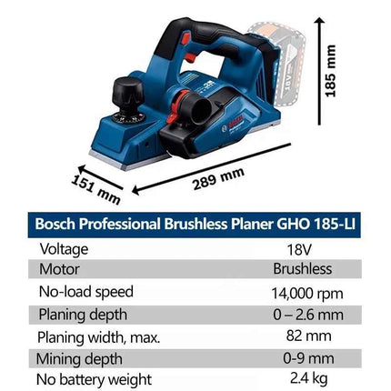 Bosch GHO 185-LI 18V Brushless Cordless Electric Planer Professional Woodworking Planer Carpentry Planing Trimmer Tool