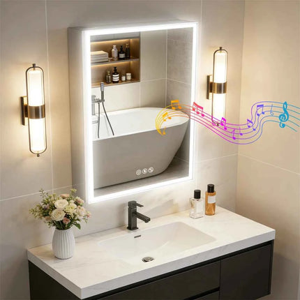 LUVODI Smart LED Medicine Cabinet with Bluetooth Speakers, Defogger & Jewelry Storage,50x70cm Wall-Mounted Bathroom Mirror