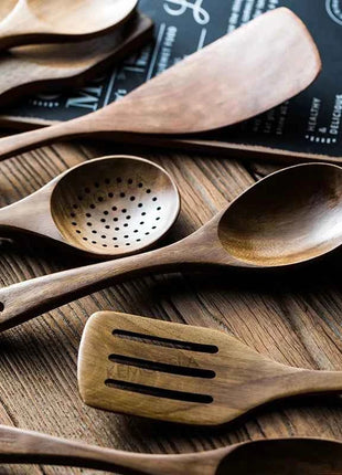 Set 9 Cucchiai e Utensili da Cucina in Legno di Teak con Porta Utensili Incluso