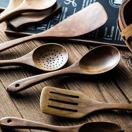Set 9 Cucchiai e Utensili da Cucina in Legno di Teak con Porta Utensili Incluso