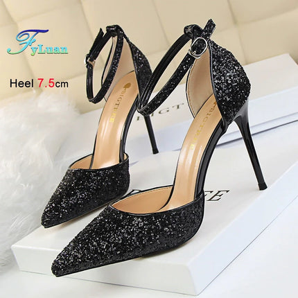 Sandali da Donna con Paillettes 2025, 9.5cm 7.5cm, Fibbia alla Caviglia, Tacco a Spillo per Matrimonio, Nuove Scarpe Classiche con Tacco Alto, Taglie 34-40