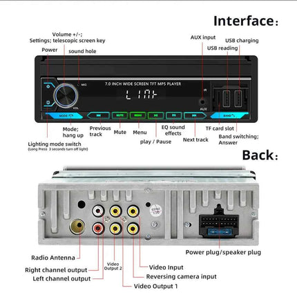 Car Radio Automatic Retractable Screen 7Inch 1Din Wireless CarPlay Android auto Car MP5 Video Player Bluetooth FM RDS USB AUX