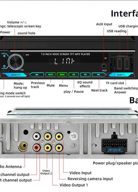 Car Radio Automatic Retractable Screen 7Inch 1Din Wireless CarPlay Android auto Car MP5 Video Player Bluetooth FM RDS USB AUX