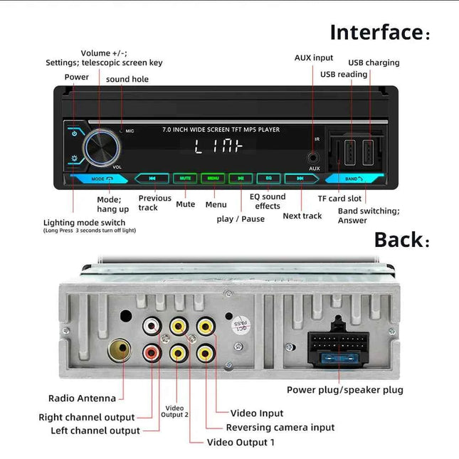 Car Radio Automatic Retractable Screen 7Inch 1Din Wireless CarPlay Android auto Car MP5 Video Player Bluetooth FM RDS USB AUX