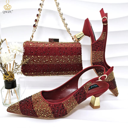 QSGFC Scarpe con tacco alto da donna di alta qualità, set di scarpe e borsa nere e oro, suola resistente, design italiano alla moda per matrimoni in Nigeria