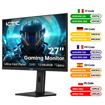 KTC Gaming Monitor 27 Zoll, 2K@180Hz / 144Hz 1440P Monitor mit Fast-IPS Panel, 1ms GtG, HDR 400, Adaptive Sync, 450 cd/m²H27T7