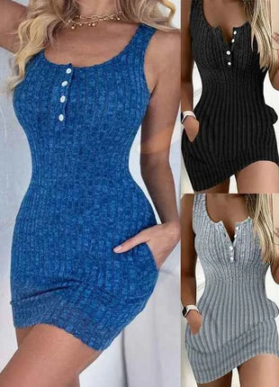 Abito aderente senza maniche elegante con bottoni sul davanti e tasca per abbigliamento da donna primavera estate