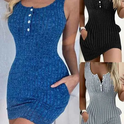 Abito aderente senza maniche elegante con bottoni sul davanti e tasca per abbigliamento da donna primavera estate