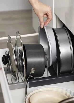 Expandable Stainless Steel Storage Rack Kitchen Cabinet Holder for Pan Pot Lid Cutting Board Drying Cookware Dish Rack Organizer
