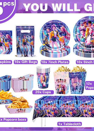 Decorazioni per feste di compleanno a tema stoviglie: tovaglioli di carta, bicchieri, piatti, scatole per caramelle, sacchetti regalo, striscioni e fondali per feste per bambini