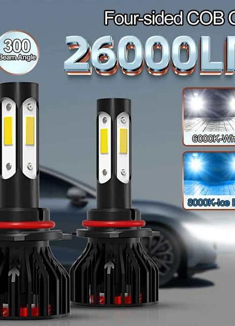 2pcs New 4 Sides 9005/HB3 9006/HB4 H4 H7 H11 H13 9004 9007 Car LED Bulbs 6000K White 8000K Ice Blue 26000LM 360 Beam Angle