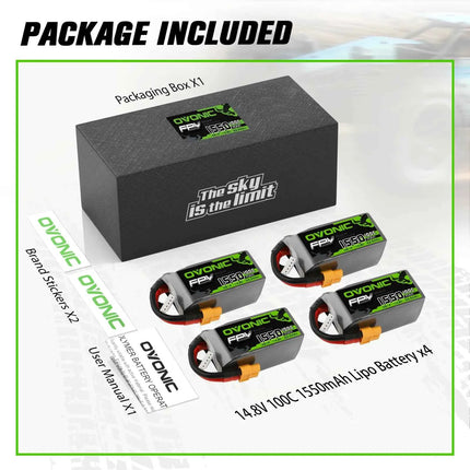OVONIC 4s Lipo Battery 100C 1550mAh 14.8V Lipo Battery Soft Case with XT60 Connector for FPV(4 Packs)