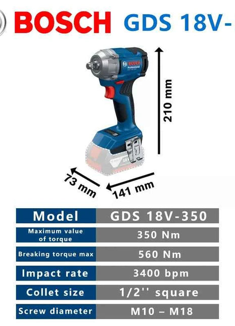 Bosch GDS 18V-350 Cordless Impact Wrench 350Nm 1/2" Brushless 3-torque Settings LED Light Adjustment 1200rpm Driver Bare Tool