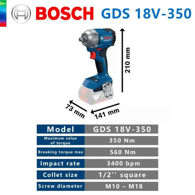 Bosch GDS 18V-350 Cordless Impact Wrench 350Nm 1/2" Brushless 3-torque Settings LED Light Adjustment 1200rpm Driver Bare Tool